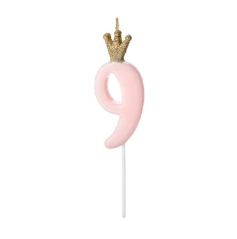 Świeczka z koroną - Cyfra 9, różowa 9.5 cm