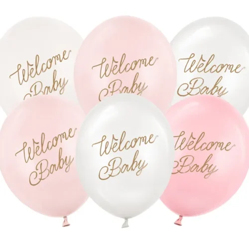 Balony bez helu: Welcome Baby, 30cm, 6szt. róż