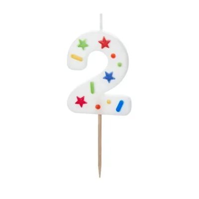 Świeczka – Cyfra “2” – biała konfetti, 5,5 cm – Dekoracje imprezowe – Szalony.pl