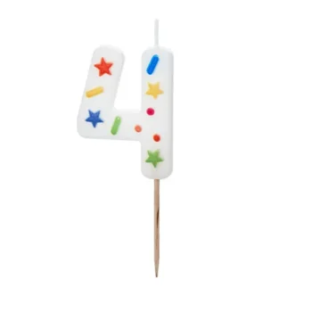 Świeczka – Cyfra “4” – biała konfetti, 5.5 cm – Dekoracje imprezowe – Szalony.pl