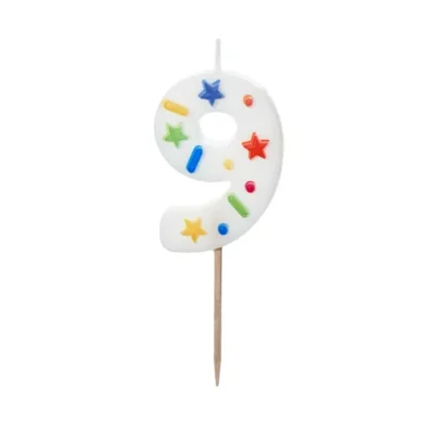 Świeczka – Cyfra “9” – biała konfetti, 5,5 cm – Dekoracje imprezowe – Szalony.pl