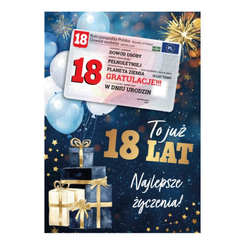 Kartka okolicznościowa - 18 lat - dowód, prezenty
