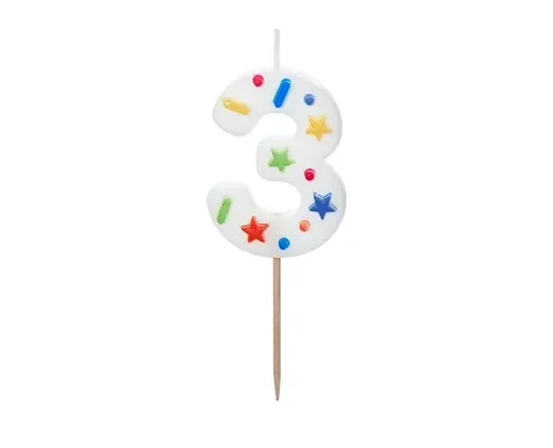Świeczka - Cyfra "3" - biała konfetti, 5,5 cm