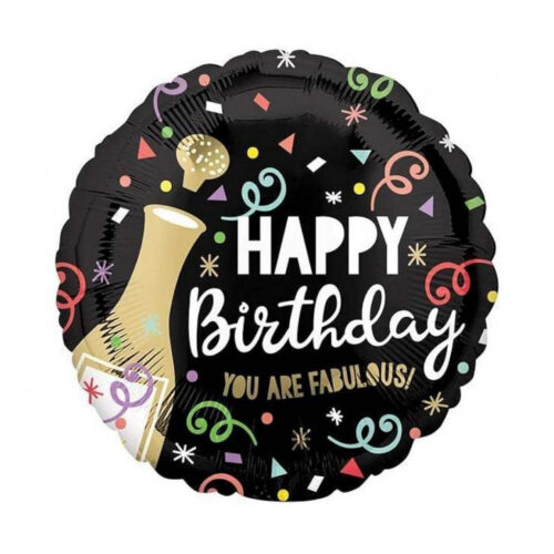 Balon z helem: Happy Birthday, szampan, 18"