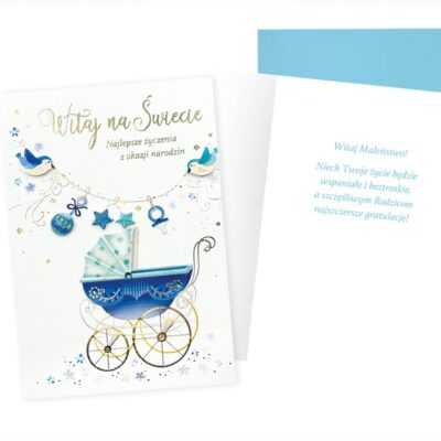 Kartka okolicznościowa – Witaj na świecie, wózek – Kartki na narodziny – Szalony.pl
