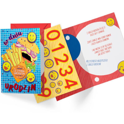 Kartka – W dniu urodzin, burger, naklejki z cyferkami – Kartki na ogólne urodziny – Szalony.pl