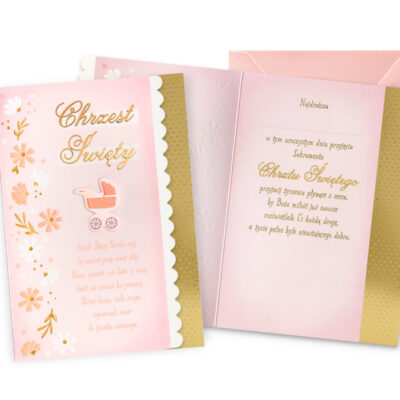 Kartka okolicznościowa – Chrzest, różowy wózek – Kartki na chrzest – Szalony.pl