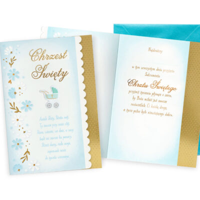 Kartka okolicznościowa – Chrzest, niebieski wózek – Kartki na chrzest – Szalony.pl