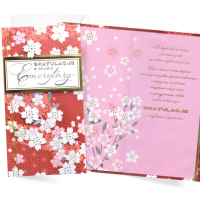 Kartka okolicznościowa – Emerytura, kwiaty czerw. – Kartki na emeryturę – Szalony.pl