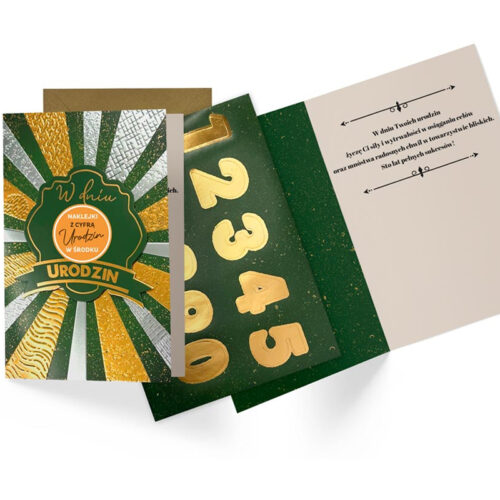 Kartka urodzinowa - Zielono-złota, naklejki z cyferkami