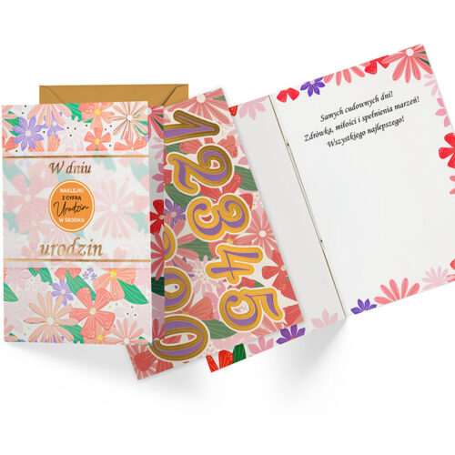 Kartka urodzinowa - Kwiaty, naklejki z cyferkami