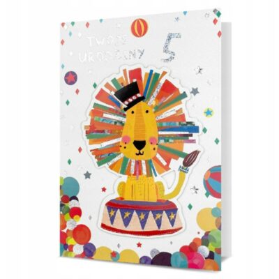 Kartka urodzinowa – Lew cyrkowy, naklejki z cyferkami – Urodziny dziecięce – Szalony.pl