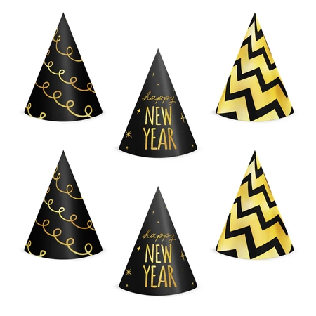 Czapeczki papierowe - Sylwestrowe, czarno-złote 6szt.