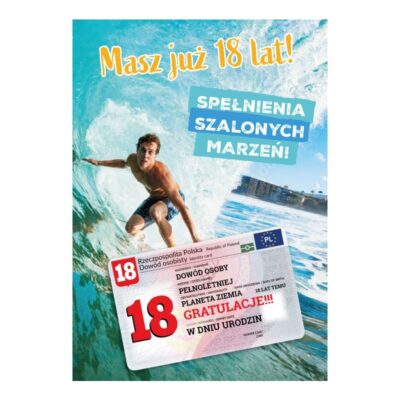 Kartka okolicznościowa – Dowód osobisty, 18 surfer – Kartki na 18 urodziny – Szalony.pl