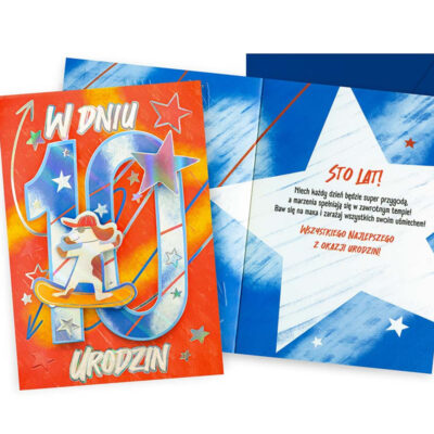 Kartka okolicznościowa – 10 urodziny, pies na desce – Urodziny dziecięce – Szalony.pl