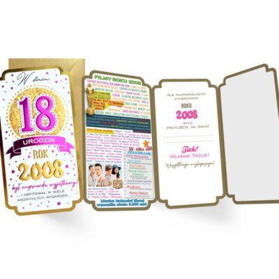 Kartka okolicznościowa – 18, rocznik 2008 różowa – Kartki na 18 urodziny – Szalony.pl