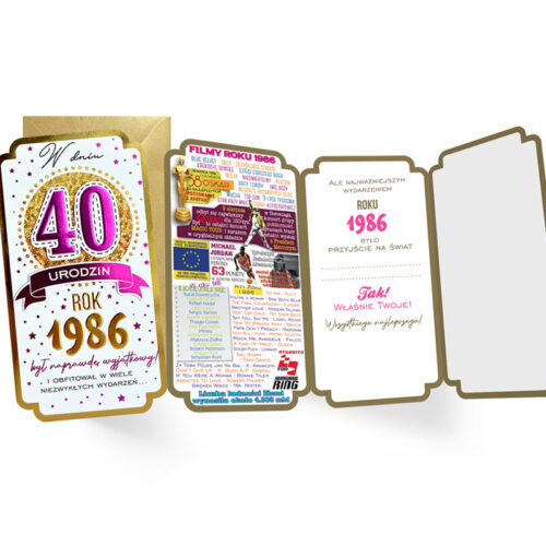 Kartka okolicznośćiowa - 40, rocznik 1986, różowa