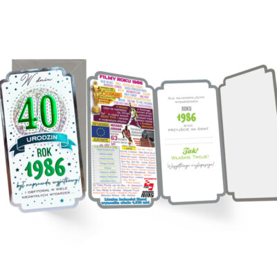 Kartka okolicznościowa – 40, rocznik 1986 zielona – Kartki na 40 urodziny – Szalony.pl