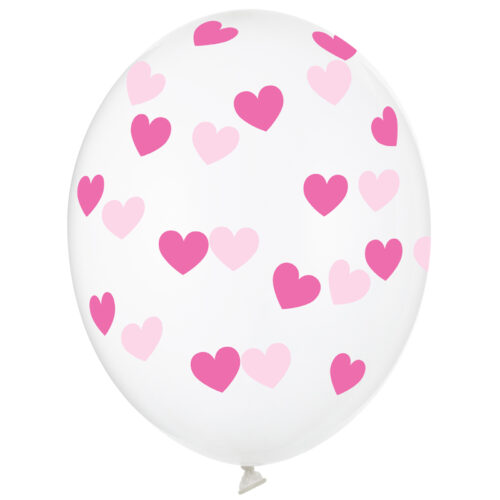 Balon z helem: Serduszka różowe, przeźroczysty balon, 30 cm